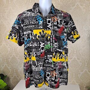 Fresh Prints of BelAir Size Large Black Newsprint Graphic Button Up Shirt NWT